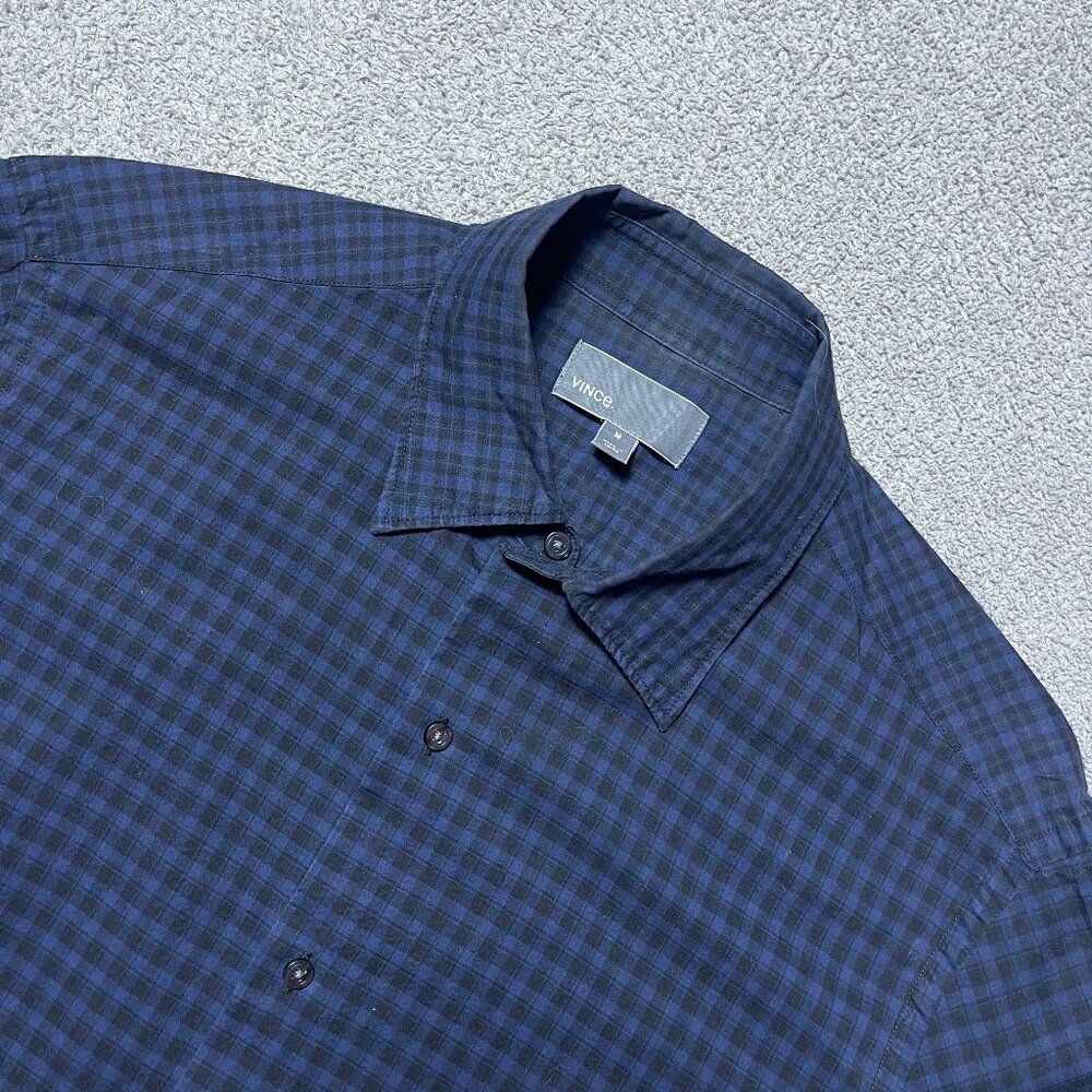 Vince Button Up Shirt Blue Black Check Long Sleeve 100% Cotton Men's Medium